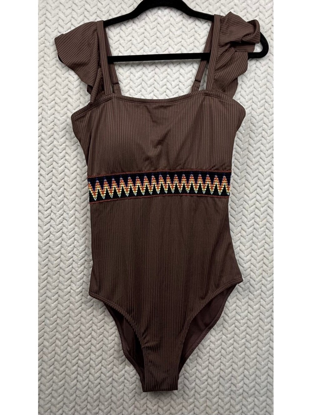 Brown Ribbed One-Piece Swimsuit with Embroidered Waist Detail, Size L